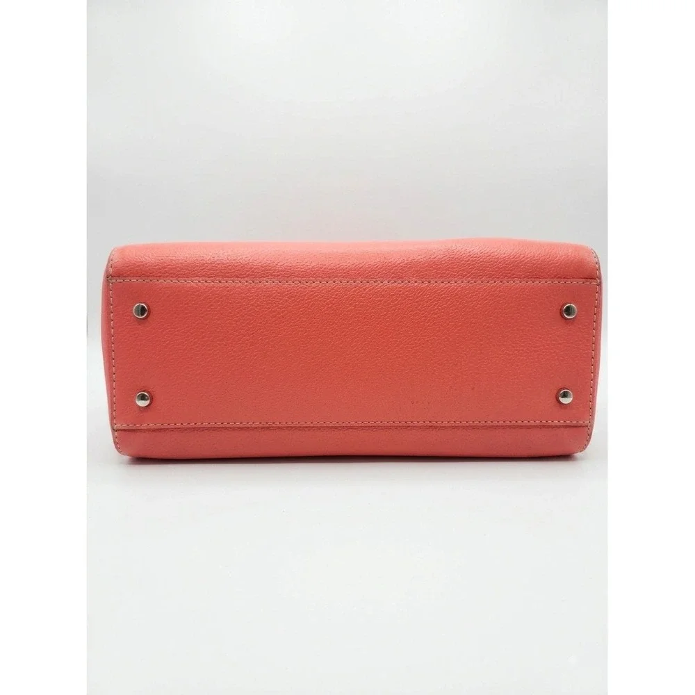 Kate Spade Coral Pink Pebbled Leather Bowler Satchel Bag Plaid Interior Dome